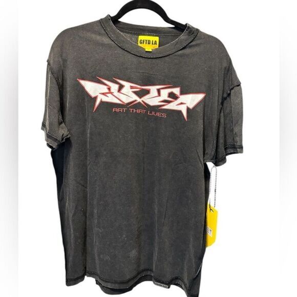 GFTD LA Men’s Vintage Wash Black Graphic Short Sleeve T-Shirt Raw Hem - Size S - Picture 1 of 9